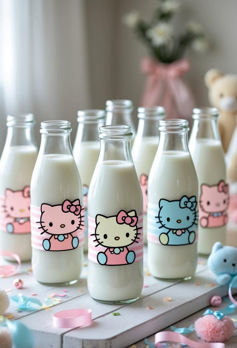 Glass milk bottles with colorful cartoon character labels arranged on a table with baby shower decorations.