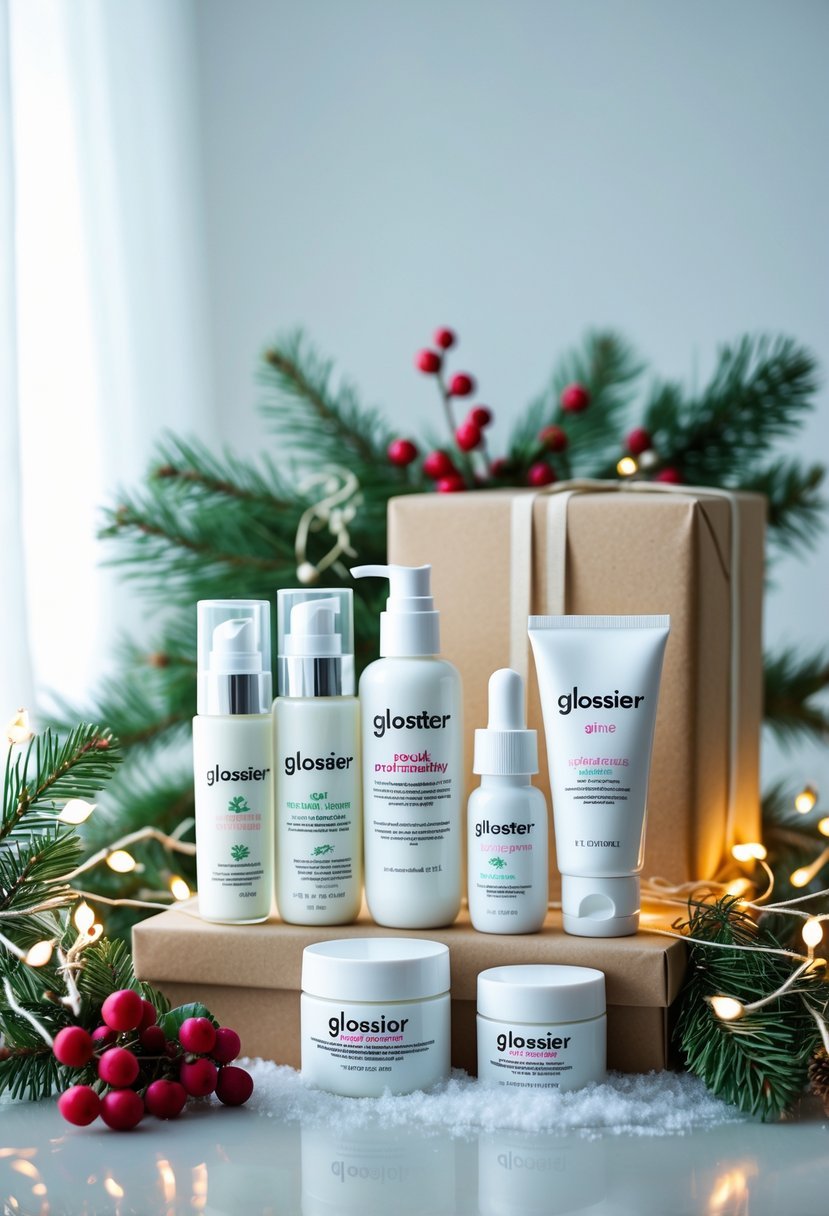 A Glossier skin care set arranged with holiday decorations including pine branches and fairy lights on a bright surface.