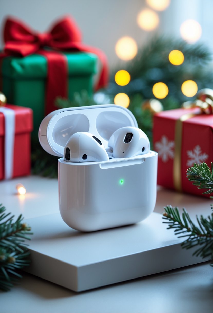 Apple AirPods Pro in an open charging case surrounded by Christmas decorations and gift boxes.