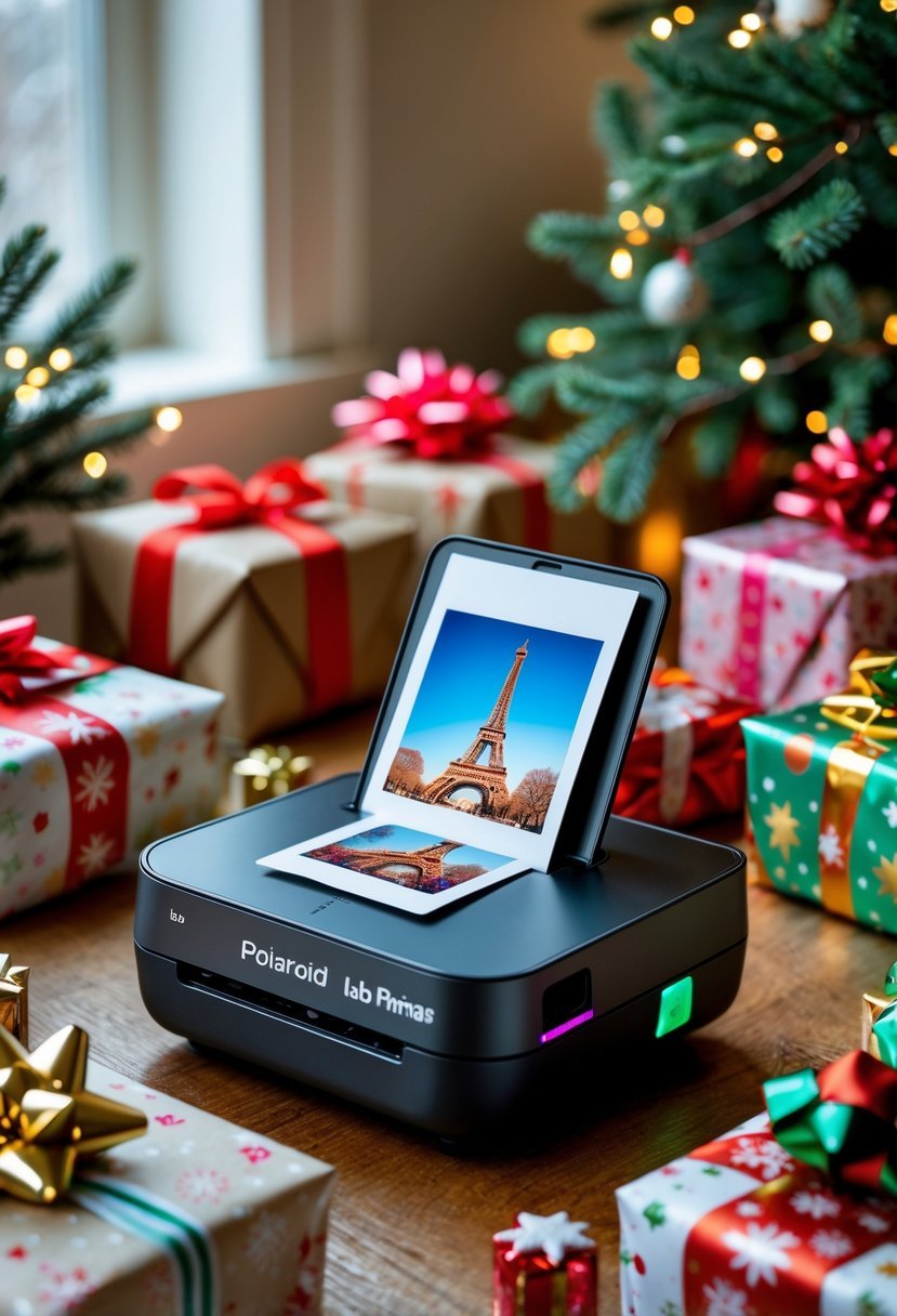Polaroid Lab Photo Printer on a wooden table surrounded by wrapped Christmas gifts and holiday decorations.