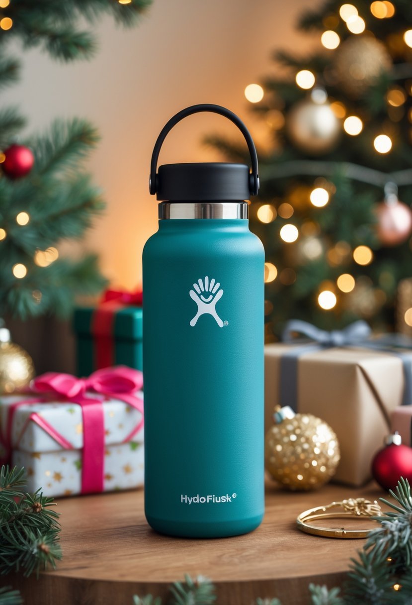 A Hydro Flask water bottle displayed among Christmas decorations and wrapped presents on a wooden table.