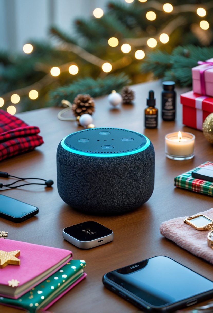 Echo Dot smart speaker on a wooden table surrounded by various Christmas gift items for a teenage girl with festive decorations in the background.
