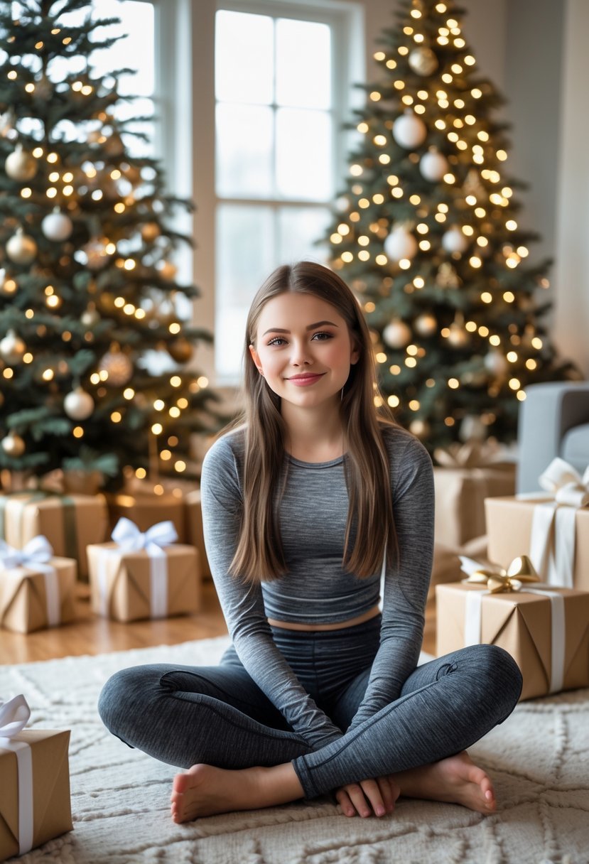 Teenage girl sitting near a decorated Christmas tree with wrapped gifts, wearing leggings in a cozy living room.