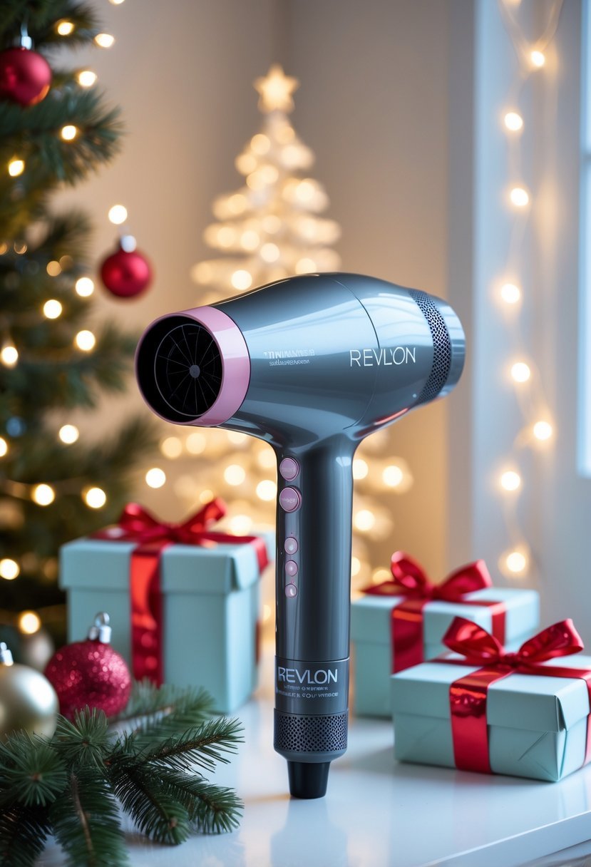 Revlon One-Step Hair Dryer and Volumizer displayed with Christmas decorations and wrapped gifts.
