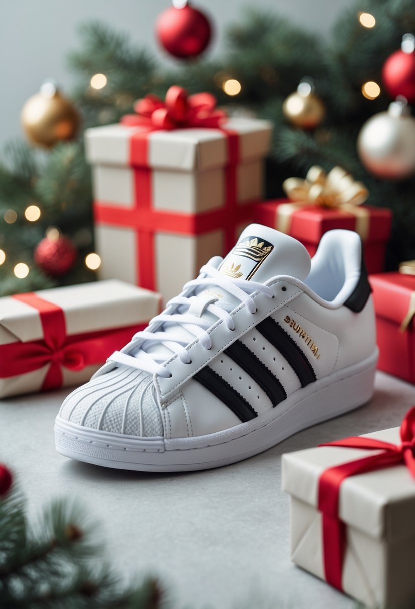 A pair of white Adidas Superstar sneakers displayed among Christmas decorations and wrapped gifts.