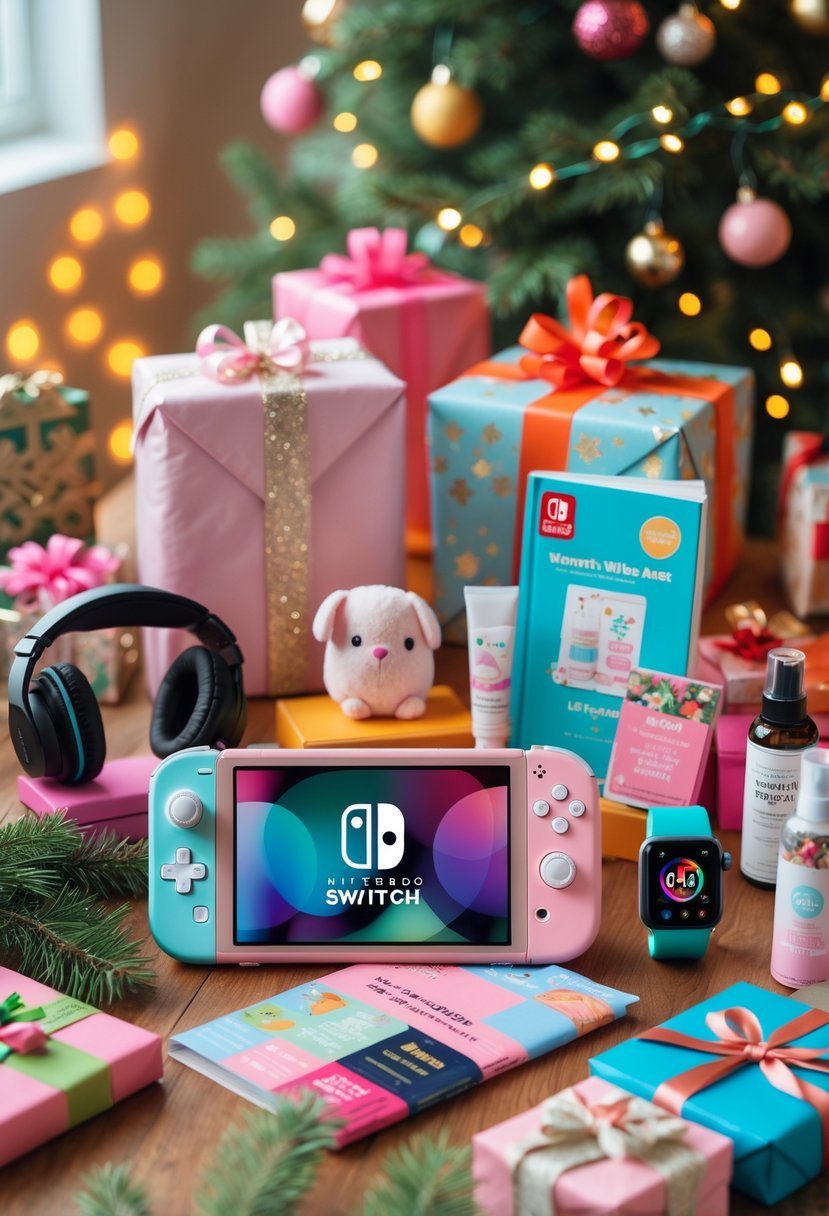 Nintendo Switch Lite surrounded by various Christmas gifts on a wooden table with holiday decorations.