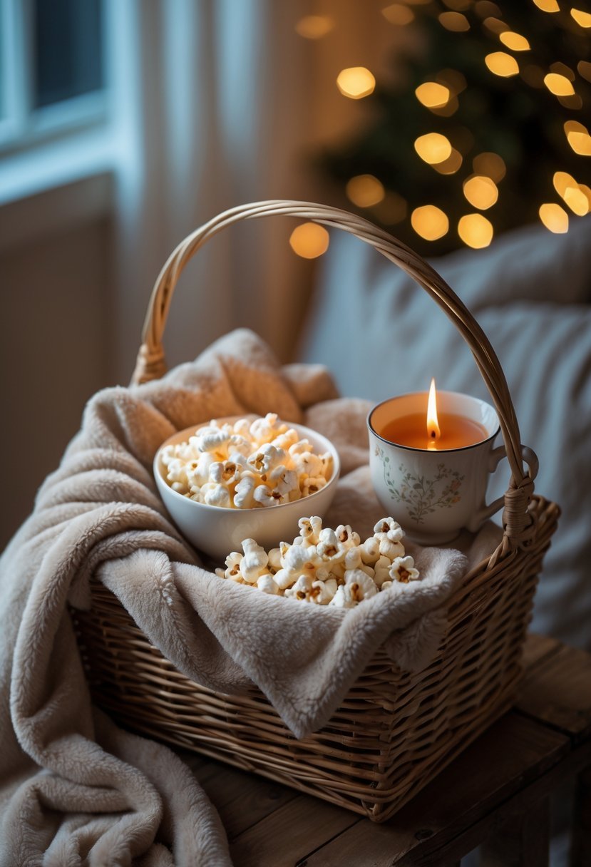 A basket with a soft throw blanket, popcorn, a cup of tea, and a lit scented candle arranged for a cozy night in.