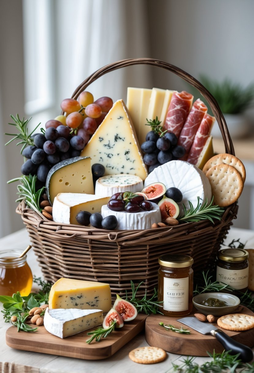 A wooden gift basket filled with a variety of cheeses, cured meats, grapes, nuts, olives, and jars of honey, arranged on a wooden table.