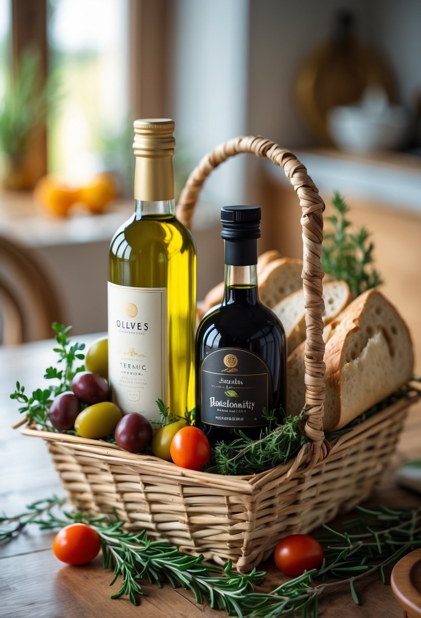 A gift basket with a bottle of olive oil, a bottle of balsamic vinegar, fresh olives, herbs, bread, and cherry tomatoes on a wooden table.