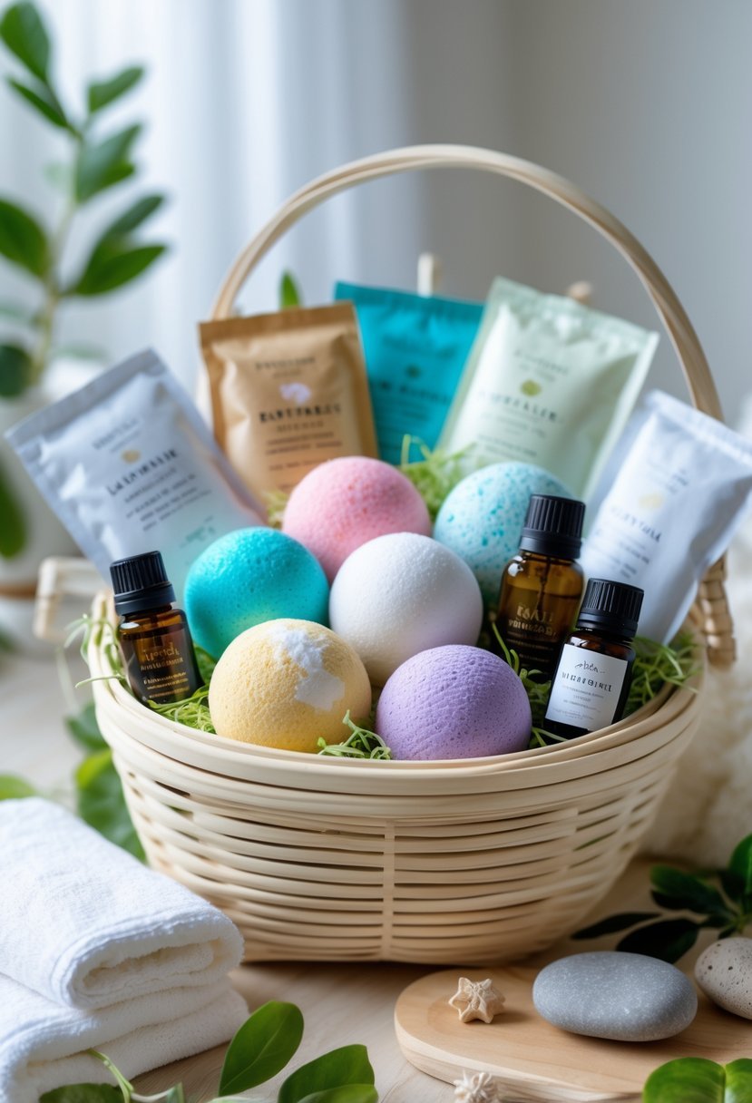 A gift basket filled with bath bombs, face masks, and essential oils arranged with spa stones and green leaves on a wooden surface.