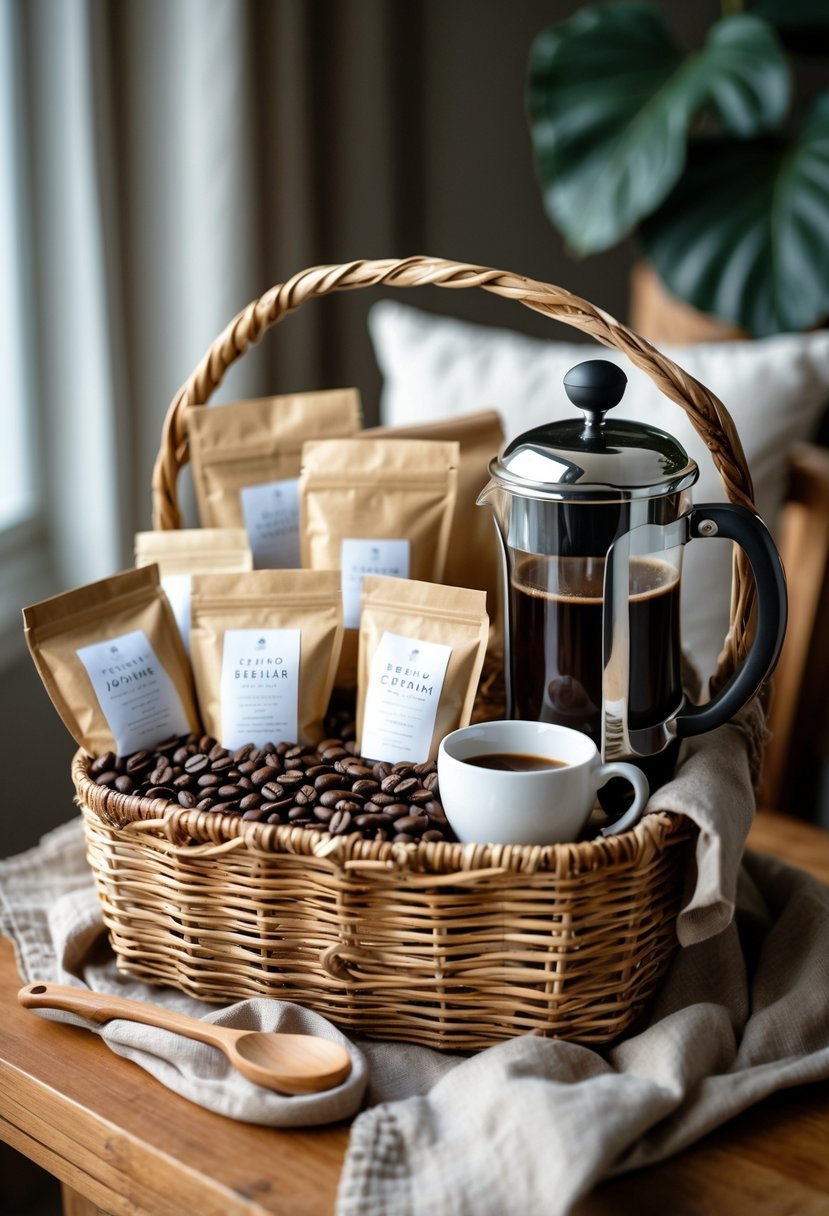 A basket filled with artisanal coffee beans, a French press, a wooden scoop, and a coffee cup on a wooden surface.