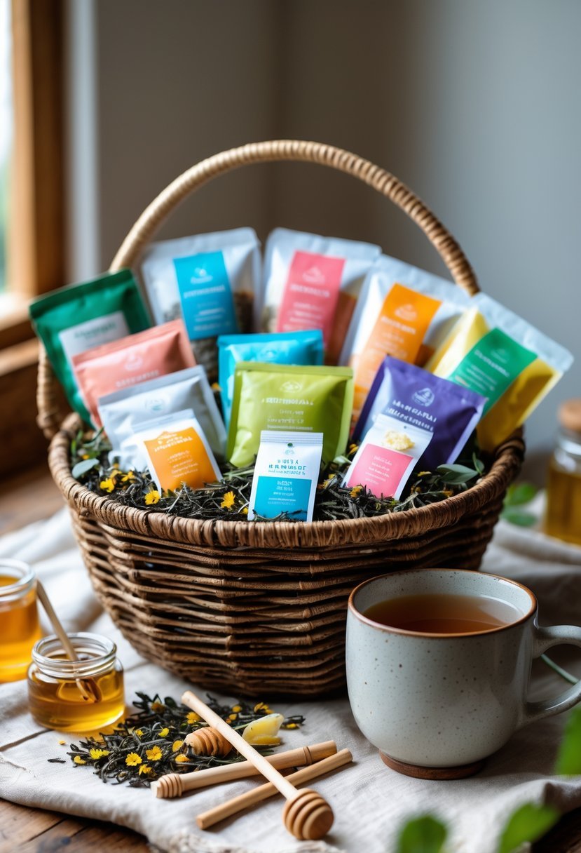A gift basket containing assorted herbal teas, honey sticks, and a ceramic mug on a warm surface.