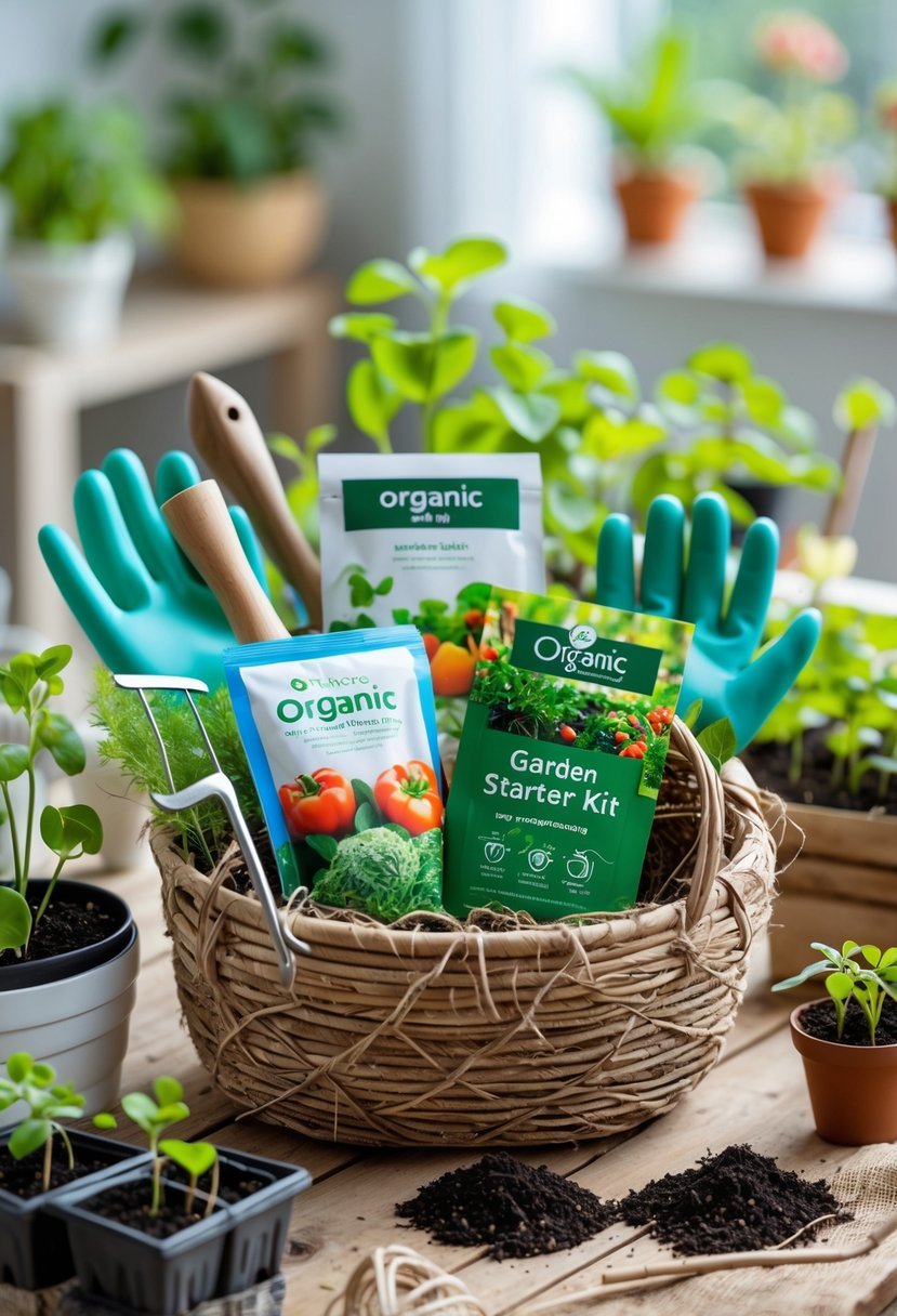 A garden starter kit with organic seed packets, gardening gloves, and small tools arranged in a rustic basket on a wooden table.
