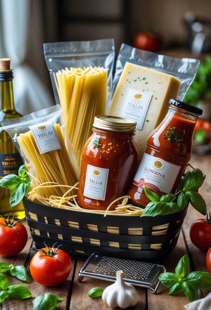 A basket filled with premium pasta, marinara sauce, Parmesan cheese, and fresh ingredients on a wooden table.