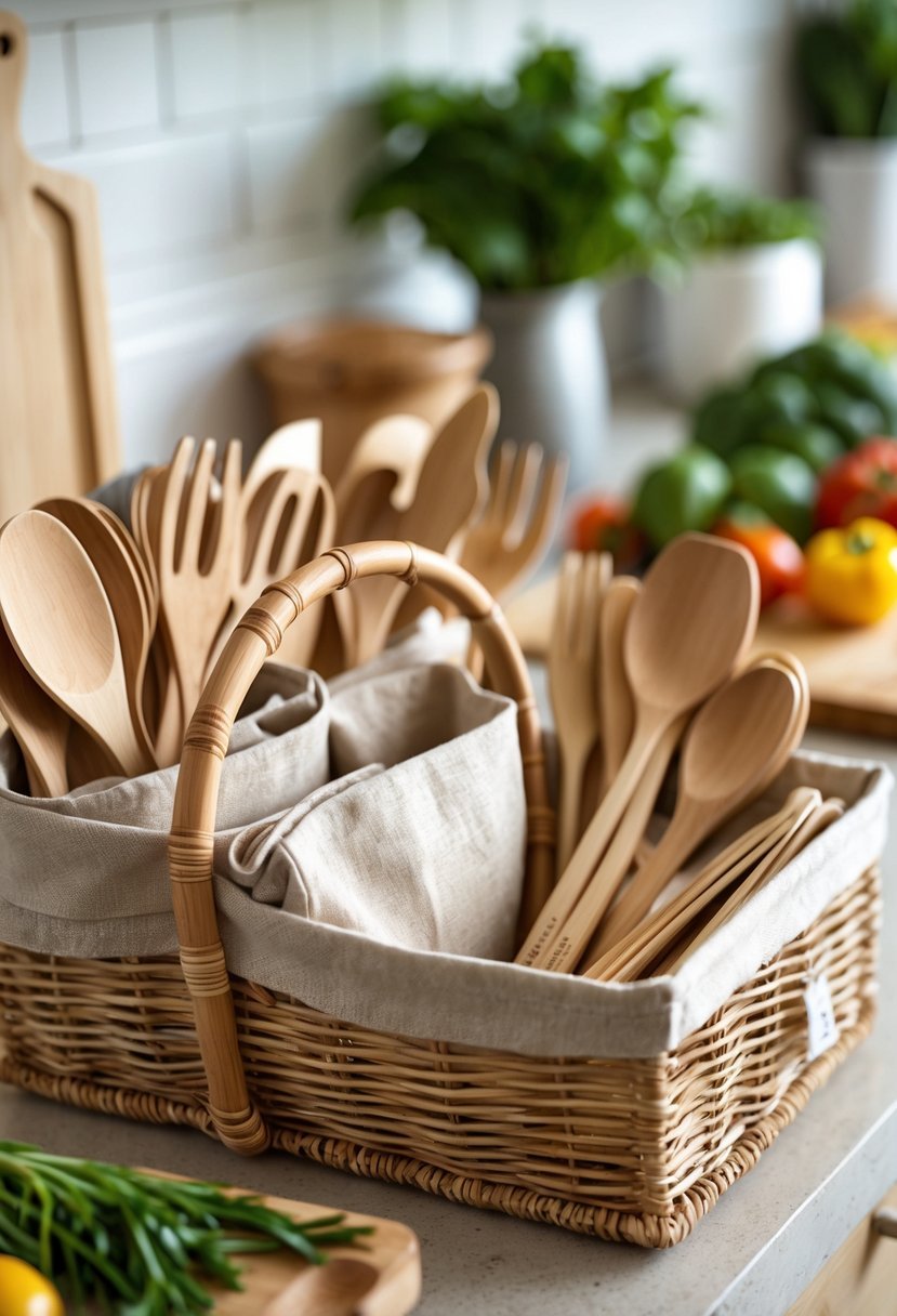A woven basket on a kitchen counter filled with bamboo utensils and reusable fabric produce bags.