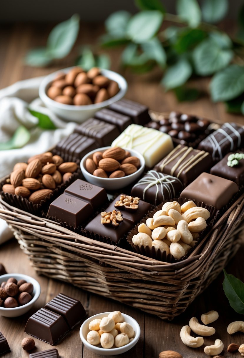 A woven basket filled with assorted artisan chocolates and various nuts on a wooden surface with natural lighting.