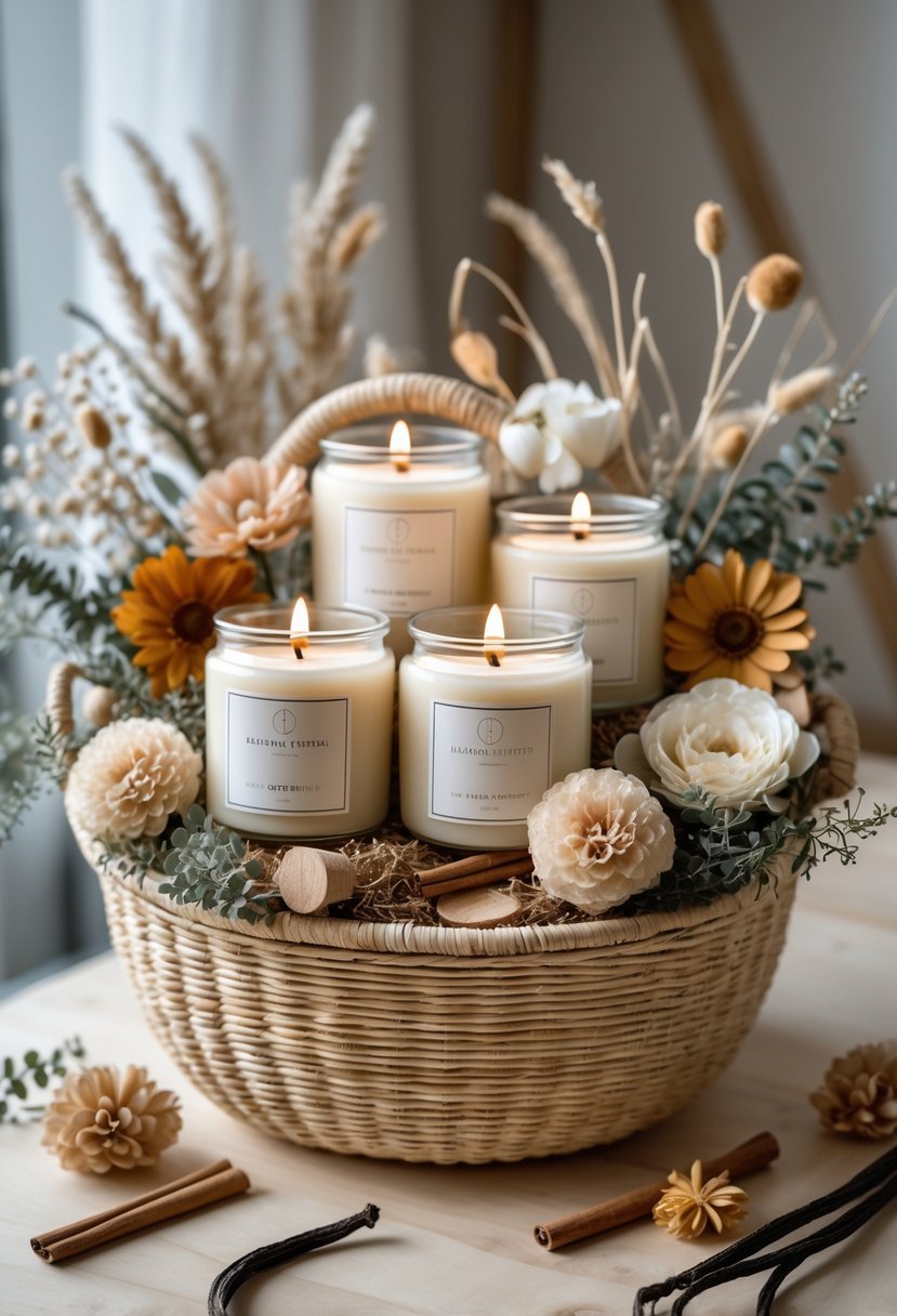 A woven basket filled with luxury scented candles and decorative natural elements on a wooden surface.