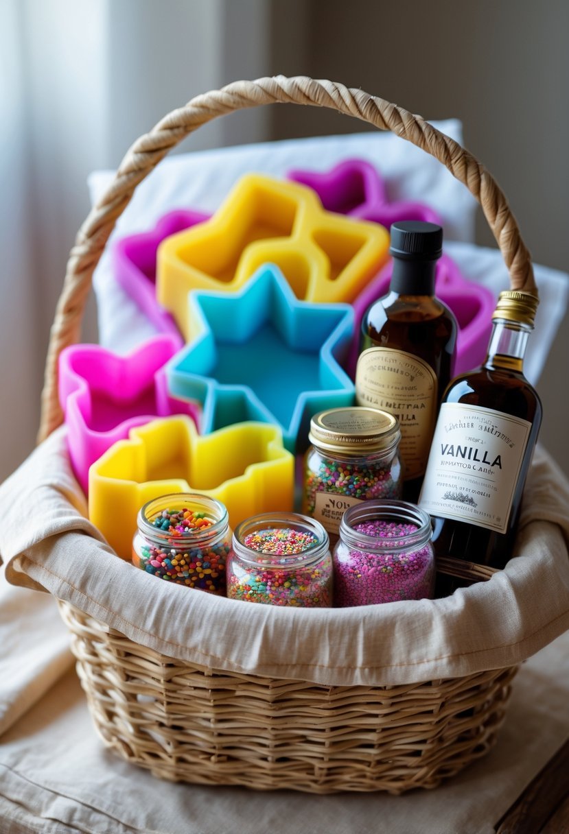 A basket filled with silicone baking molds, jars of sprinkles, and a bottle of vanilla extract on a wooden surface.