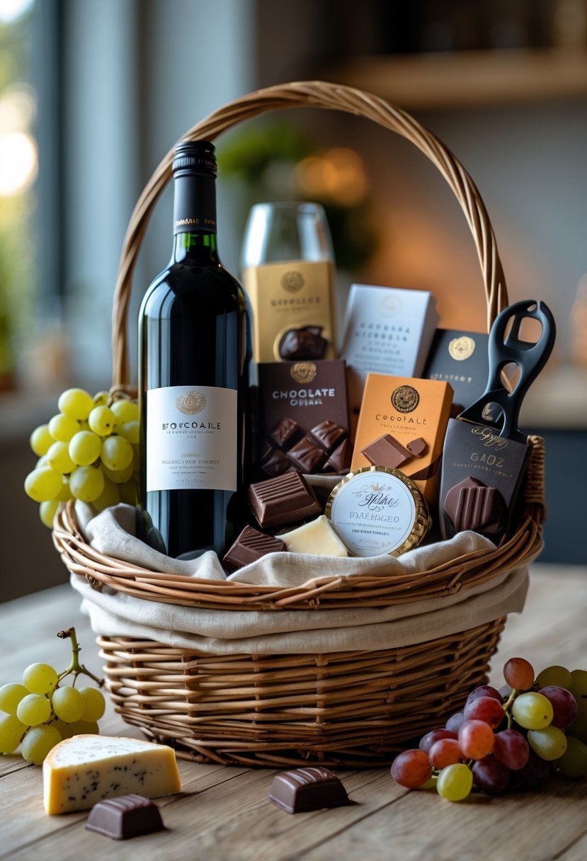 A gift basket with a bottle of red wine, assorted chocolates, grapes, and a cheese wedge on a wooden table in a cozy home setting.