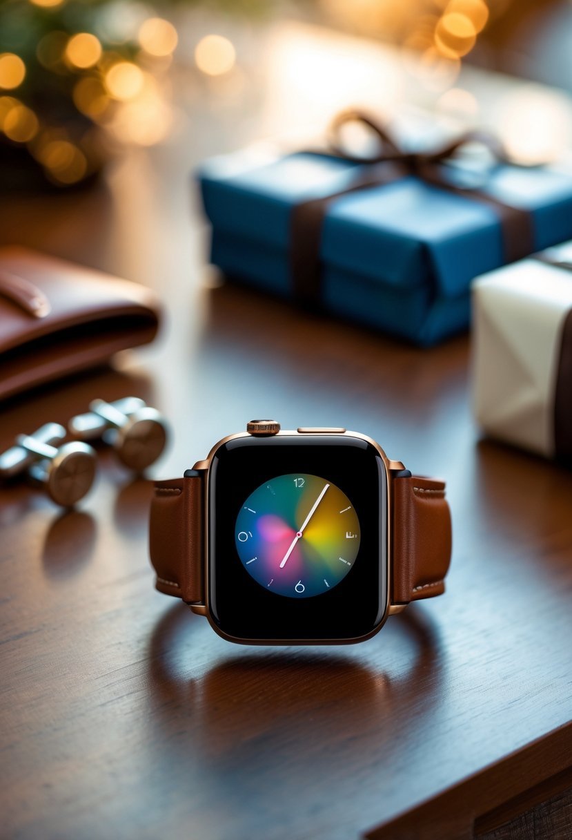 An Apple Watch Series 9 on a wooden table surrounded by anniversary gift items including a leather wallet, cufflinks, and a wrapped gift box.