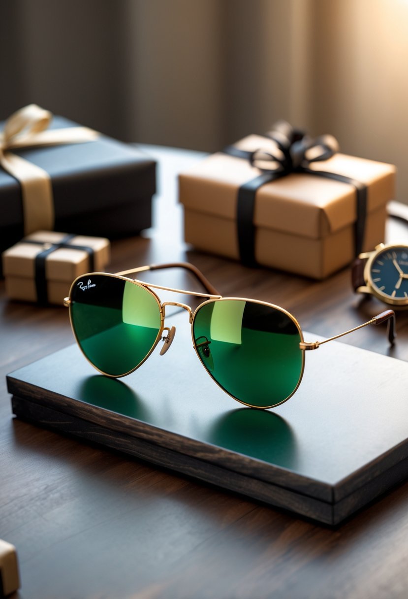 A pair of Ray-Ban Classic Aviator sunglasses placed on a wooden surface next to a wrapped gift box, a leather wallet, and a wristwatch.