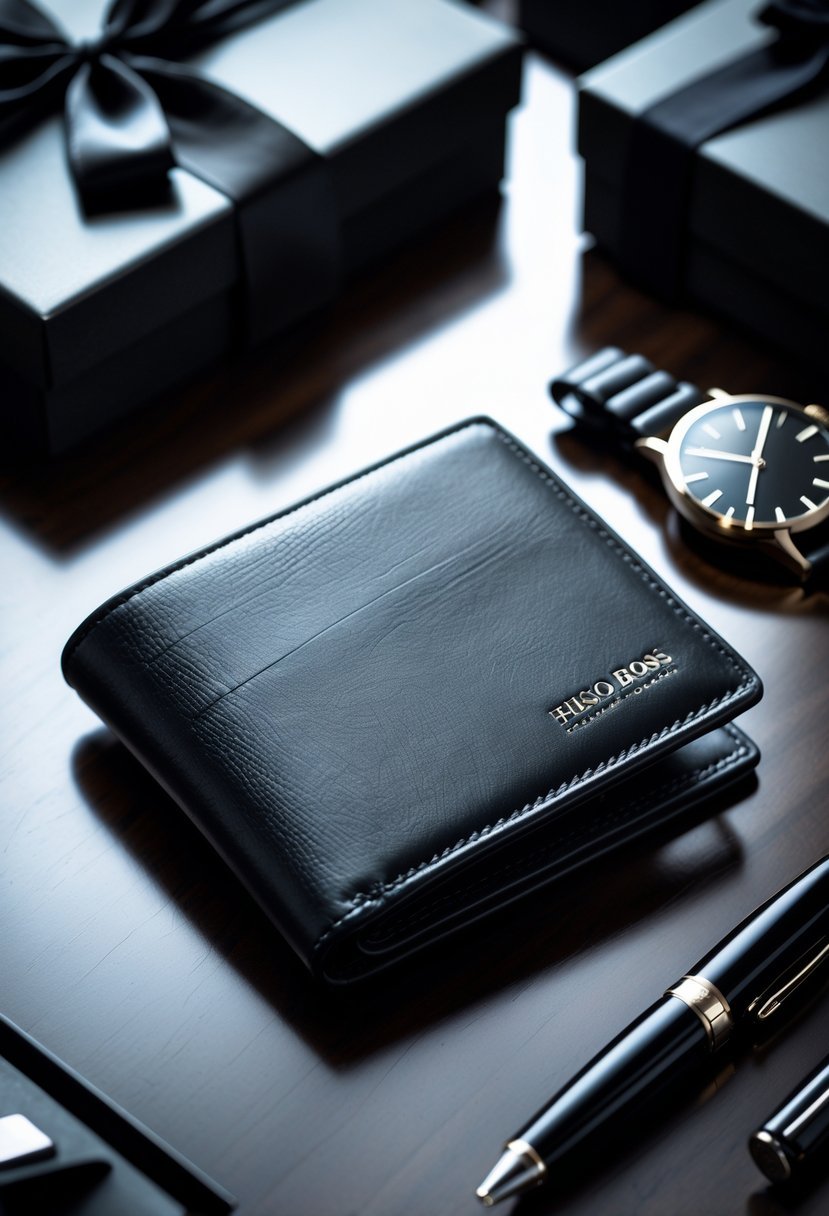 A black leather wallet on a wooden surface surrounded by a gift box, watch, and pen.