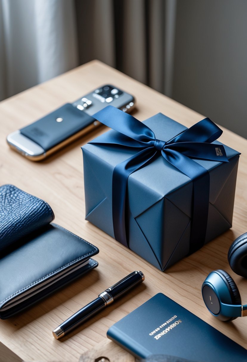 A neatly wrapped gift box on a wooden table surrounded by a leather notebook, fountain pen, and wireless headphones.