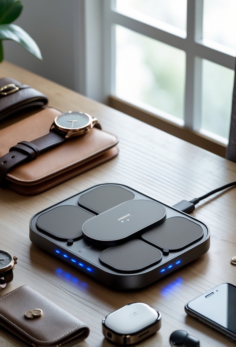 A wireless charging hub on a wooden desk with a smartphone, leather wallet, wristwatch, and wireless earbuds arranged around it in a bright, clean workspace.