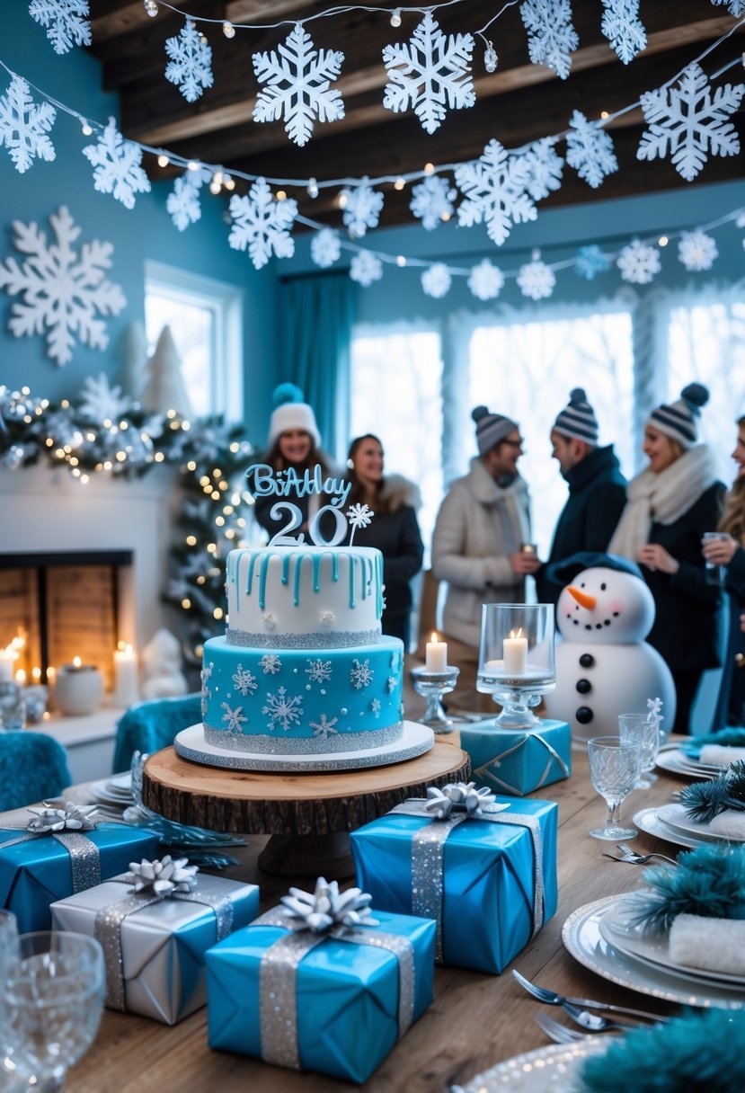 A decorated indoor winter birthday party with snowflake ornaments, a snowman decoration, a birthday cake, gifts, and guests enjoying the celebration.