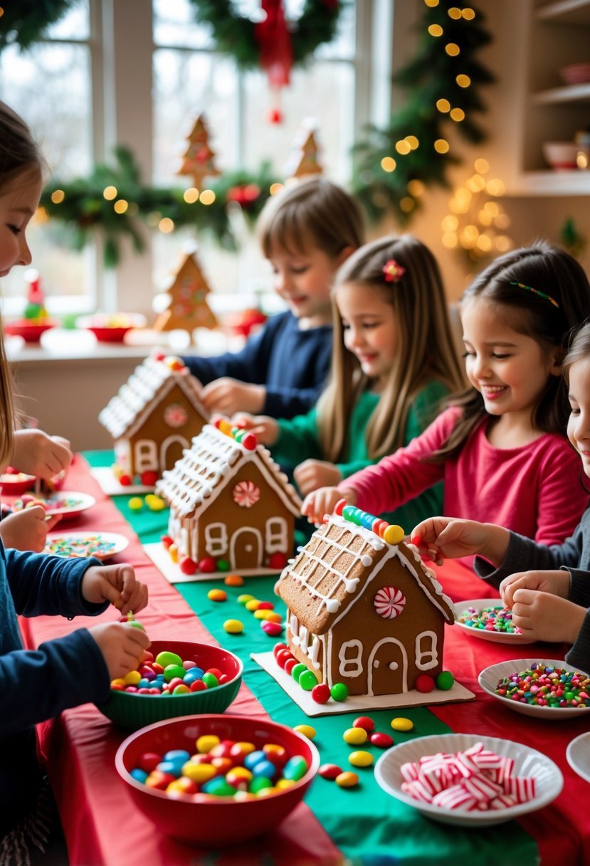 People gathered around a table making and decorating gingerbread houses with candy in a cozy kitchen decorated for a winter birthday party.