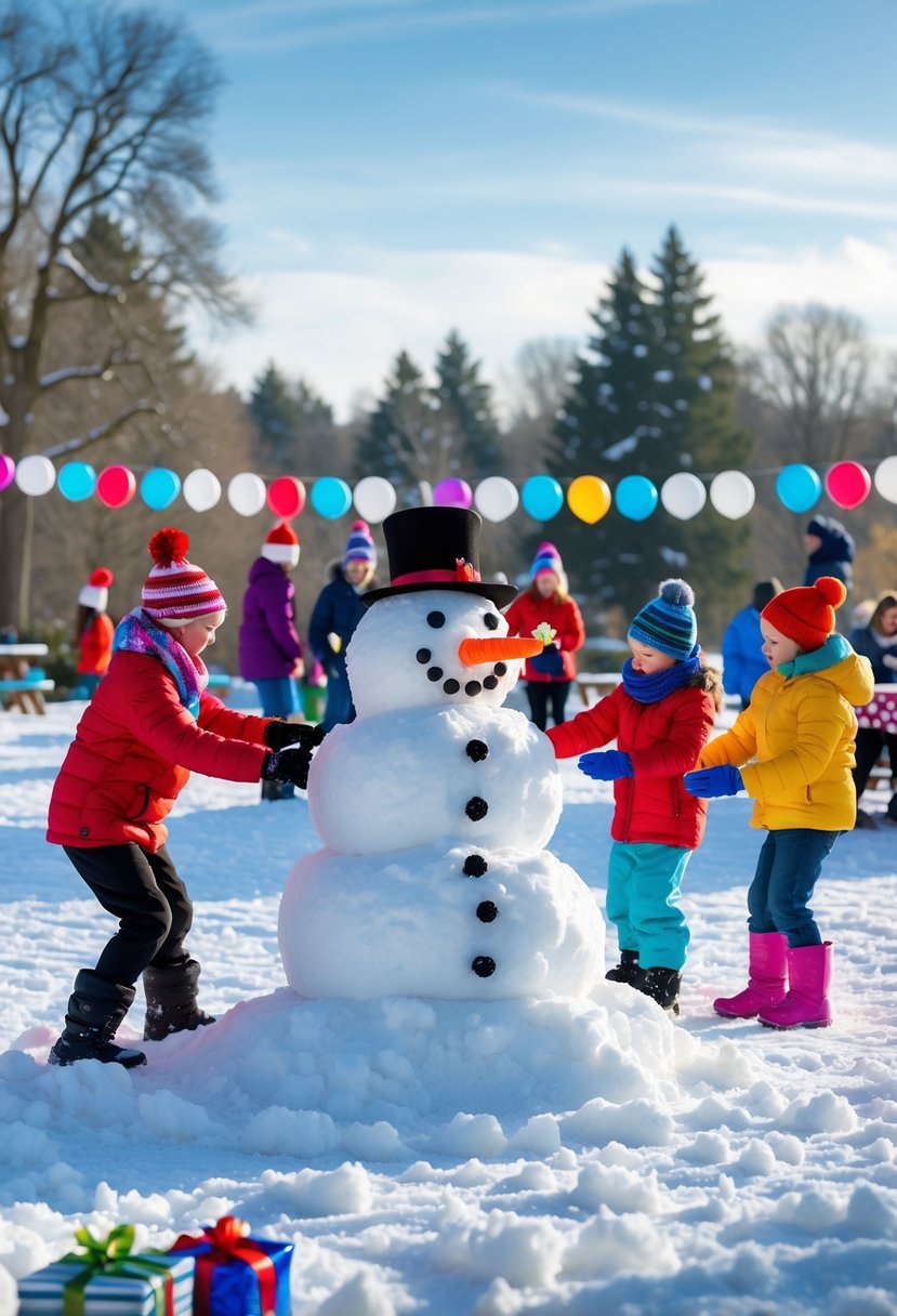 People building snowmen in a snowy park during a birthday party with winter decorations and presents.