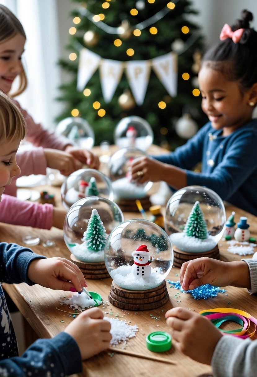 People crafting DIY snow globes with winter-themed decorations and materials on a table during a birthday party.