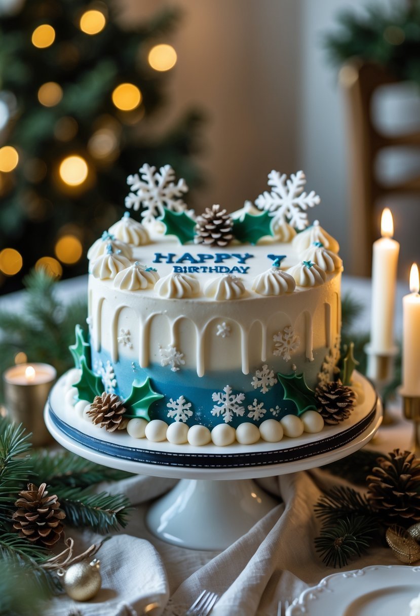 A decorated birthday cake with winter-themed decorations on a festive table surrounded by holiday ornaments and candles.