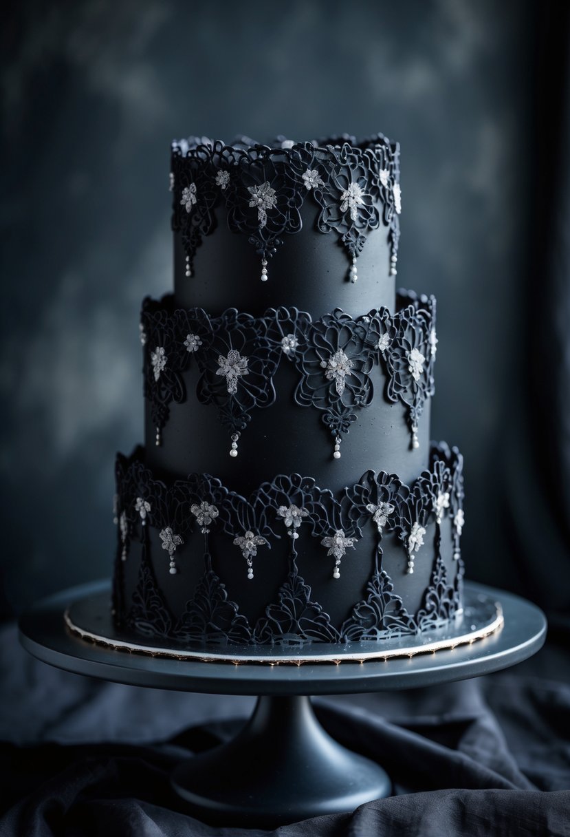 A black iced cake decorated with intricate lace patterns and silver edible accents on a dark cake stand.