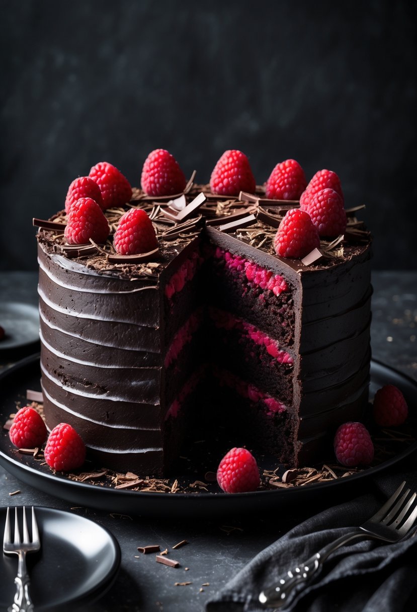 A dark chocolate cake sliced to show red raspberry filling, decorated with raspberries and chocolate shavings on a black plate.