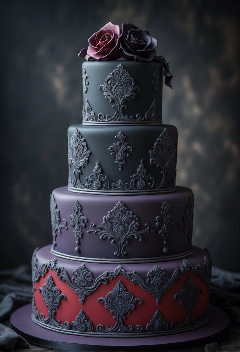 A multi-tiered birthday cake decorated with intricate dark damask patterns and gothic-style embellishments on a dark background.
