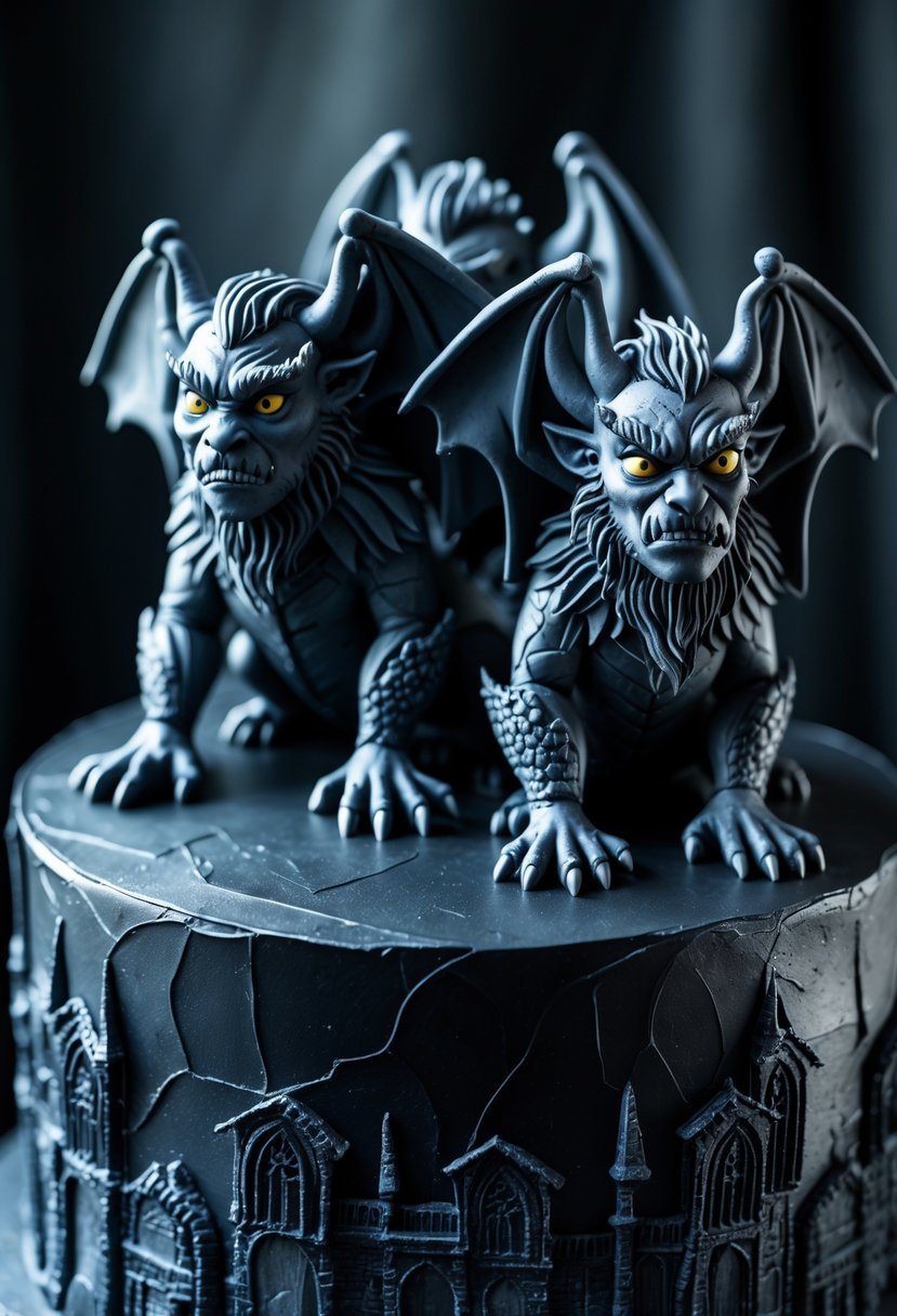 A dark stone-textured birthday cake topped with detailed sugar sculptures of gargoyles.
