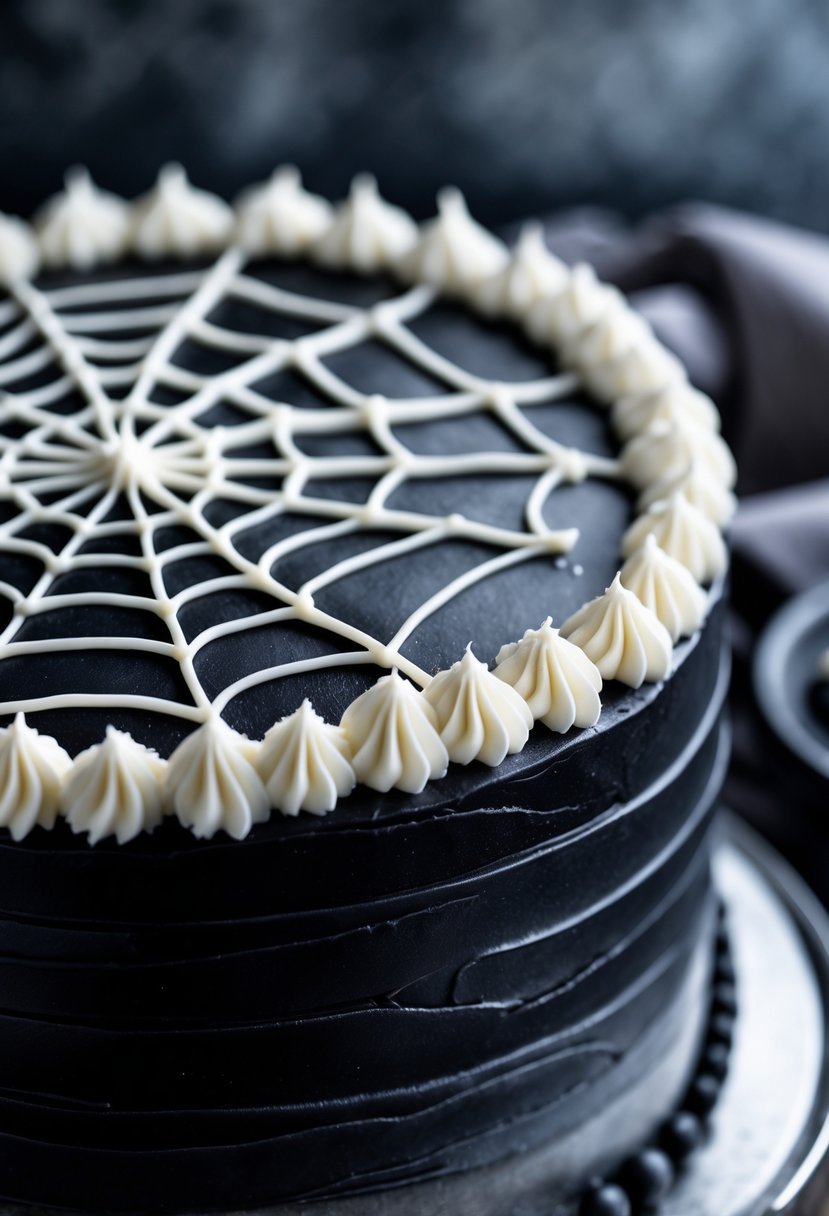 Close-up of a black birthday cake decorated with white spider web icing on top.