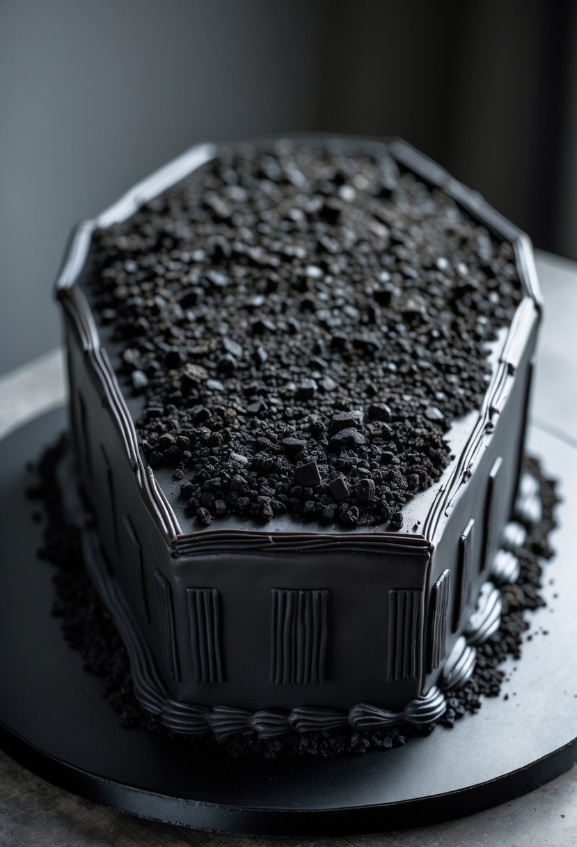A coffin-shaped birthday cake with black icing and crushed cookie crumbs on top, placed on a dark surface.