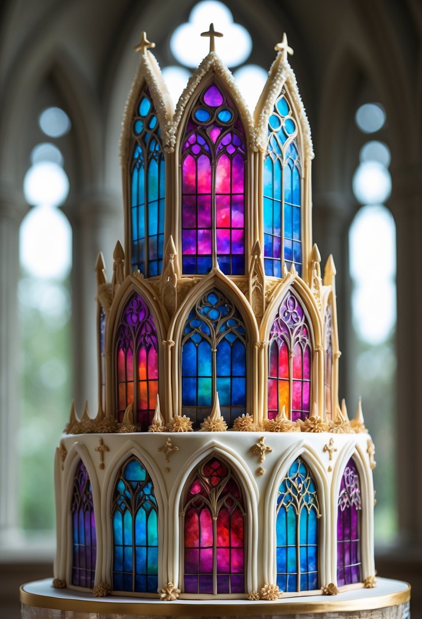 A detailed birthday cake decorated with colorful stained-glass sugar art resembling cathedral windows, featuring intricate patterns and architectural shapes.