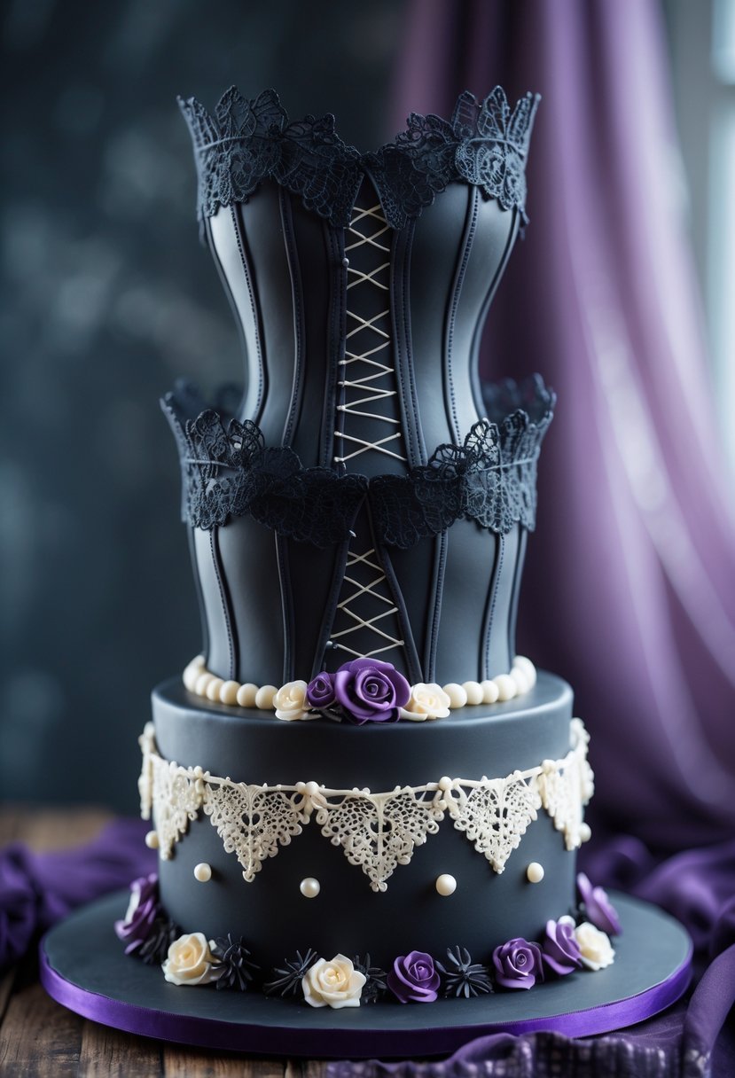 A multi-tiered birthday cake decorated with lace-like sugar ribbons and corset-inspired details.