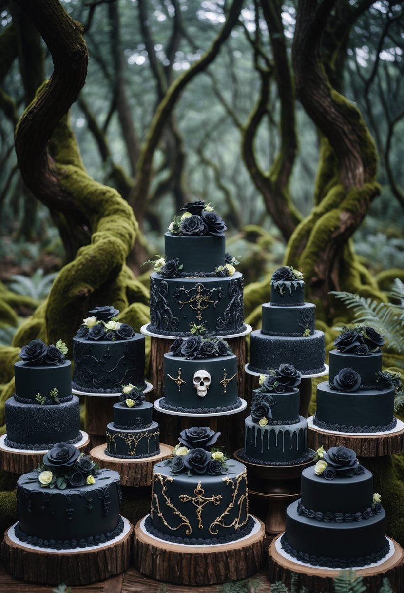 A dark forest scene with moss-covered branches and a display of nineteen gothic-style birthday cakes arranged on wooden surfaces.
