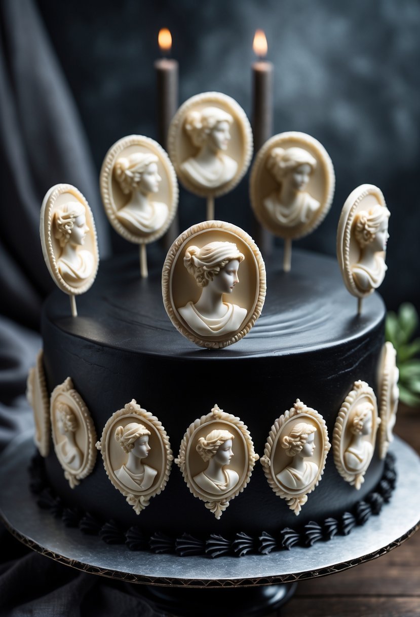 A black birthday cake decorated with ivory Victorian-style cameo sugar medallions.