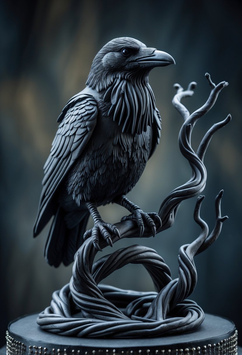 An edible raven made of fondant perched on twisted fondant branches.