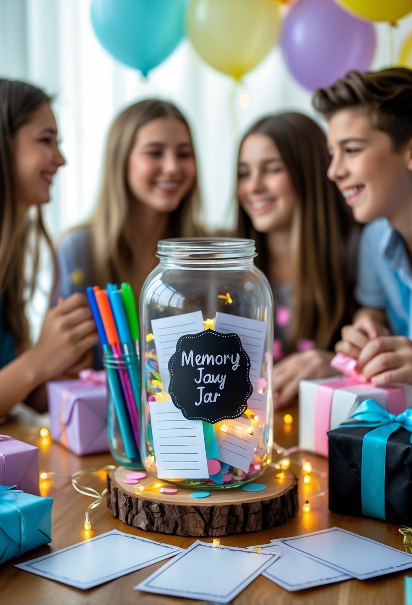 A memory jar with colorful pens and blank cards on a table surrounded by party decorations and balloons, with teenagers socializing in the background.