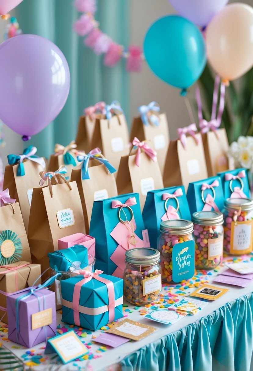 A table with various customized party favors arranged for a going away party, including gift bags, small boxes, jars, and keepsakes, decorated with balloons and confetti.