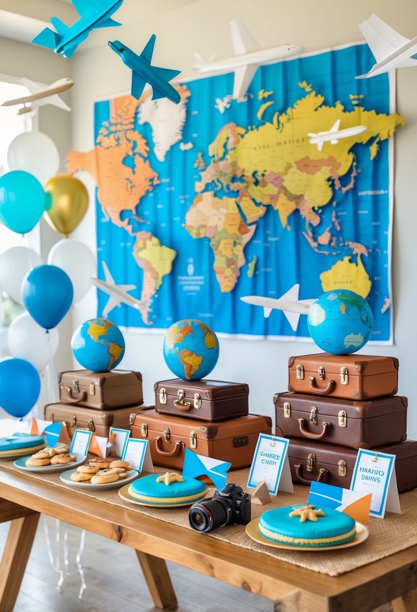A decorated room with travel-themed items like globes, suitcases, postcards, flags, and balloons set up for a going away party.