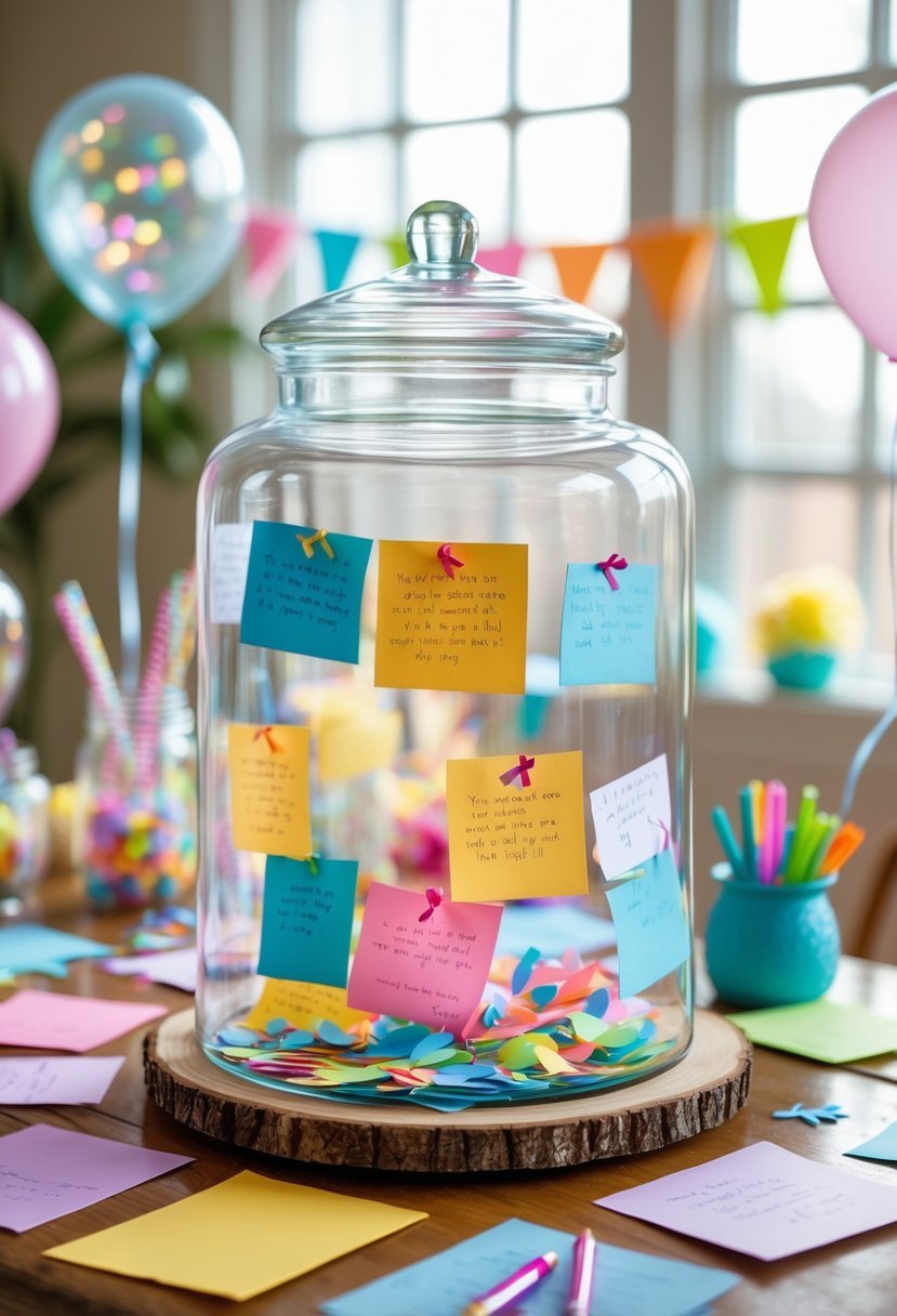 A memory jar on a decorated table with colorful notes and pens at an adoption party setup.