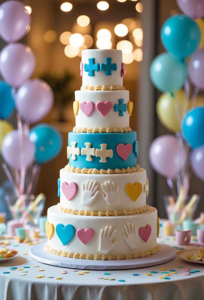 A decorated cake with adoption symbols on a table surrounded by party decorations at an adoption celebration.
