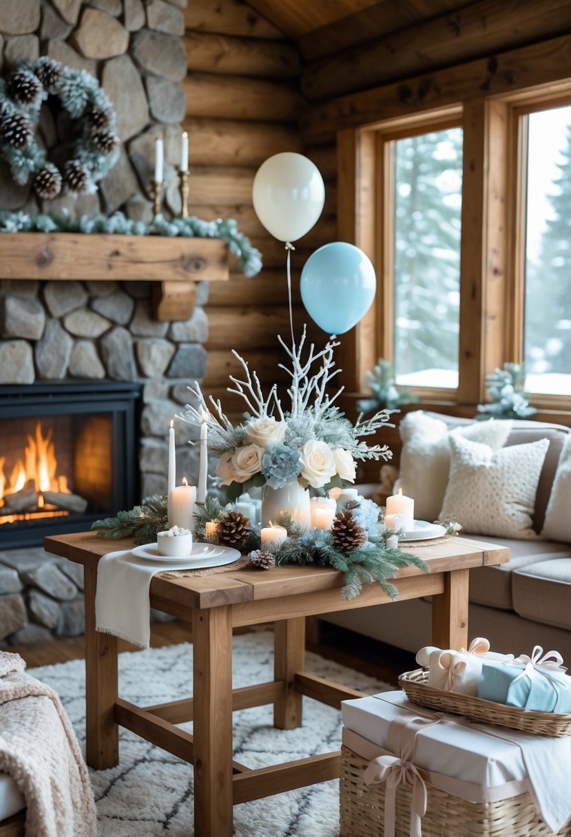 Cozy cabin interior decorated for a winter baby shower with a fireplace, wooden furniture, soft blankets, balloons, flowers, and gifts.